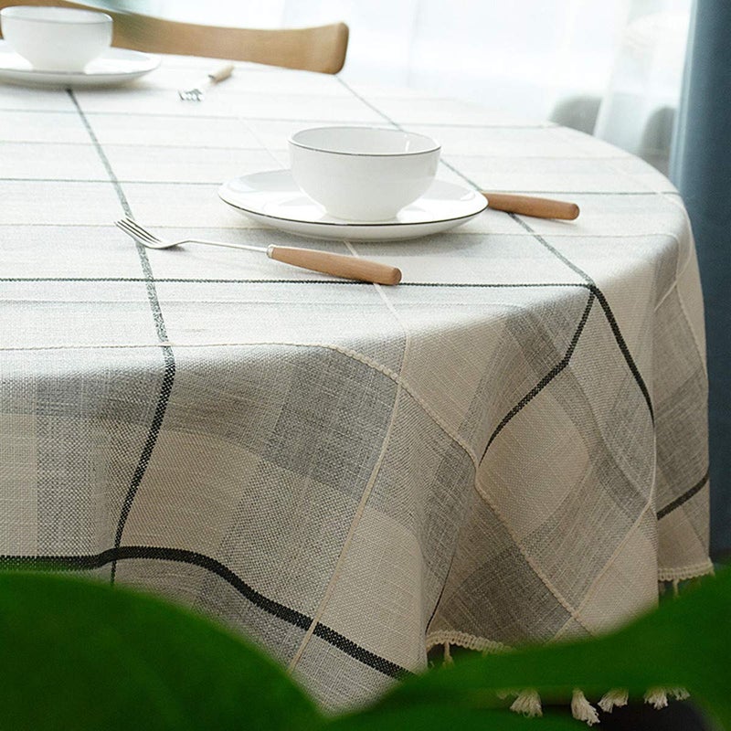 Dimatic Heavy Weight Cotton Linen Tablecloth, Plaid Tassel Round Table Cover for Kitchen Dining Room Tabletop Decorations, Round - 78", Grey Check - Image 4